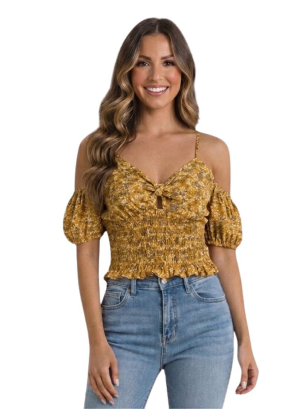 Sienna Sky Floral Smocked Puff Sleeve Crop Top – Mustard Yellow, Size XL